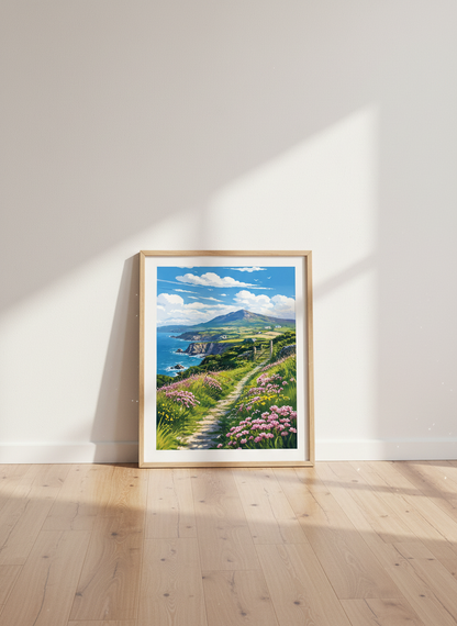 Coastal Landscape Wall Art | Floral Seaside Path Print, Mountain View Poster
