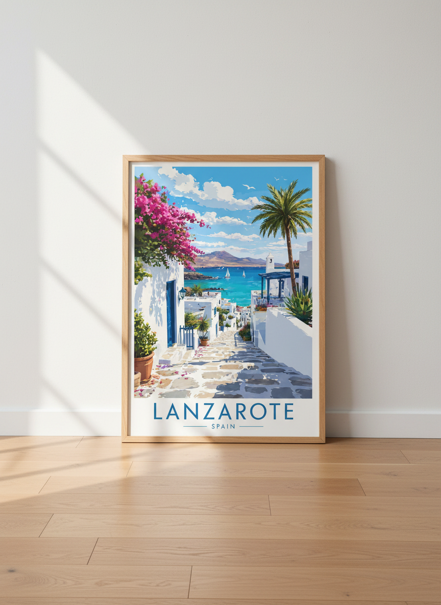 Lanzarote Spain Travel Poster | Mediterranean Coastal Wall Art | Sunny Island Decor