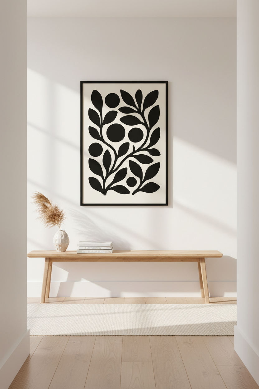 Minimalist Botanical Framed Art Print | Boho Living Room Decor | Black &amp; White Abstract Floral Poster Ready to Hang
