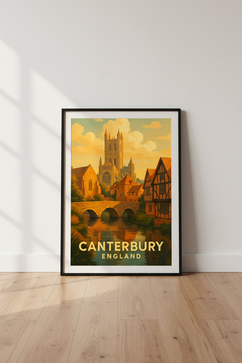 Vintage Canterbury England Travel Poster | Framed European Cityscape Art | Living Room Decor | Retro Aesthetic Wall Art