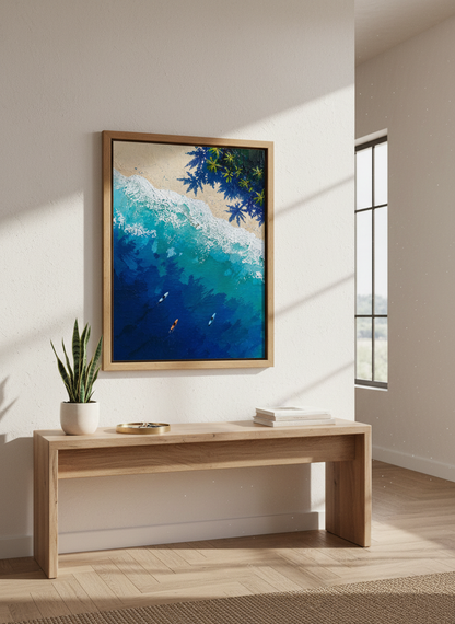 Surfers Aerial Beach Wall Art Print | Coastal Living Room Decor | Tropical Poster