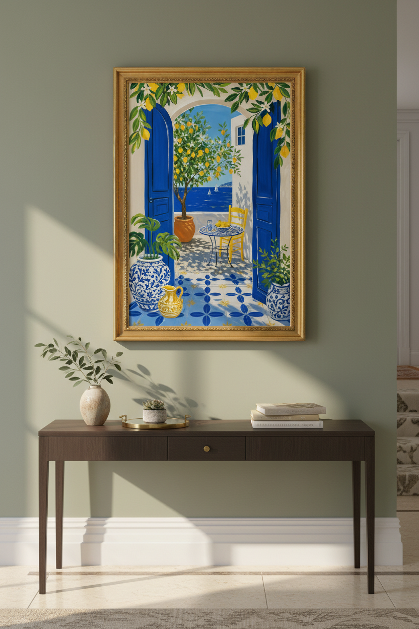 Mediterranean wall art | Lemon Terrace Blue Yellow, Kitchen Decor