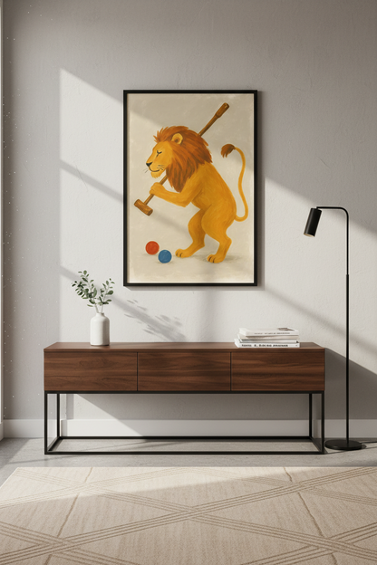 Safari Animal Croquet Lion Art Print | Kids Room Decor | Whimsical Nursery Poster | Playful Safari Wall Art | Animal Croquet