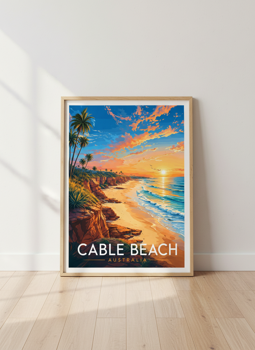 Cable Beach Australia Wall Art | Sunset Coastal Decor | Tropical Travel Poster