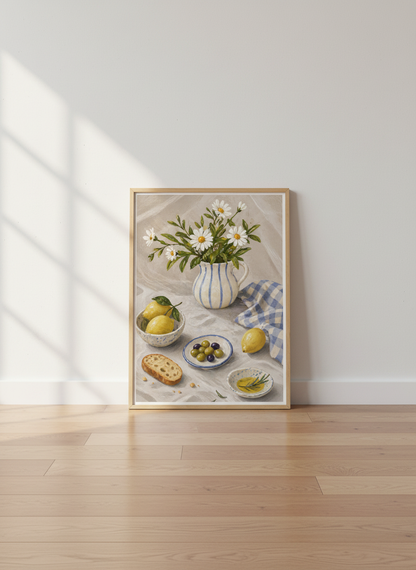 Rustic Still Life Wall Art Print | Kitchen Decor | French Countryside Poster | Botanical Lemon Olives Bread Daisy Painting