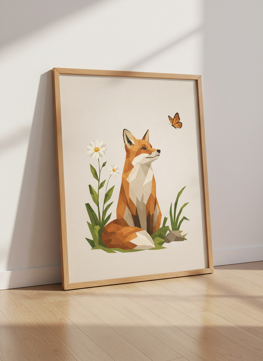 Geometric Fox Wall Art Print | Boho Nursery Decor | Mid Century Modern Animal Poster | Daisy Butterfly Woodland Art