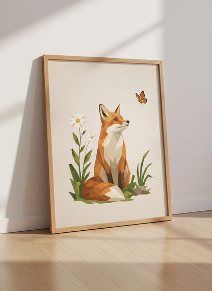 Geometric Fox Wall Art Print | Boho Nursery Decor | Mid Century Modern Animal Poster | Daisy Butterfly Woodland Art