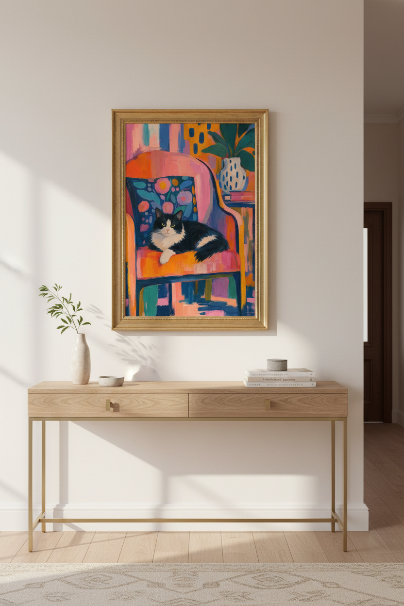 Colorful Cat Poster | Modern Abstract Floral Armchair, Living Room Decor