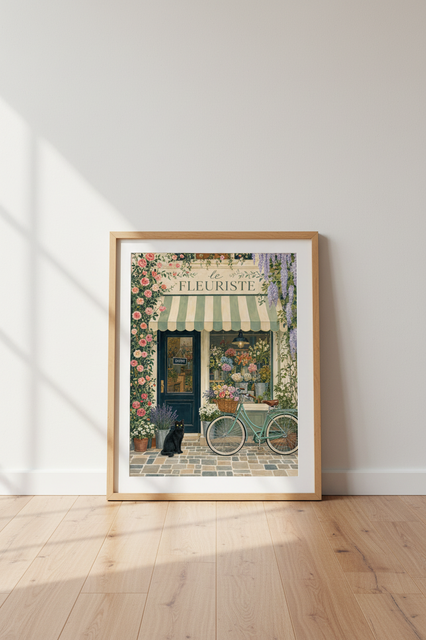 French Flower Shop Art | Pink Roses &amp; Cat Painting, Paris Floral Decor Poster
