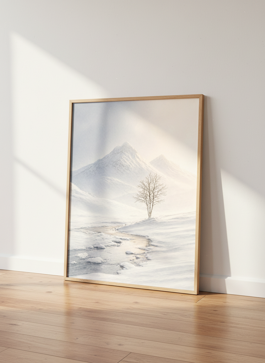 Winter Landscape Wall Art Print | Snow Mountain Decor | Nordic Aesthetic Poster | Minimalist Snowy Scene Photography Gift