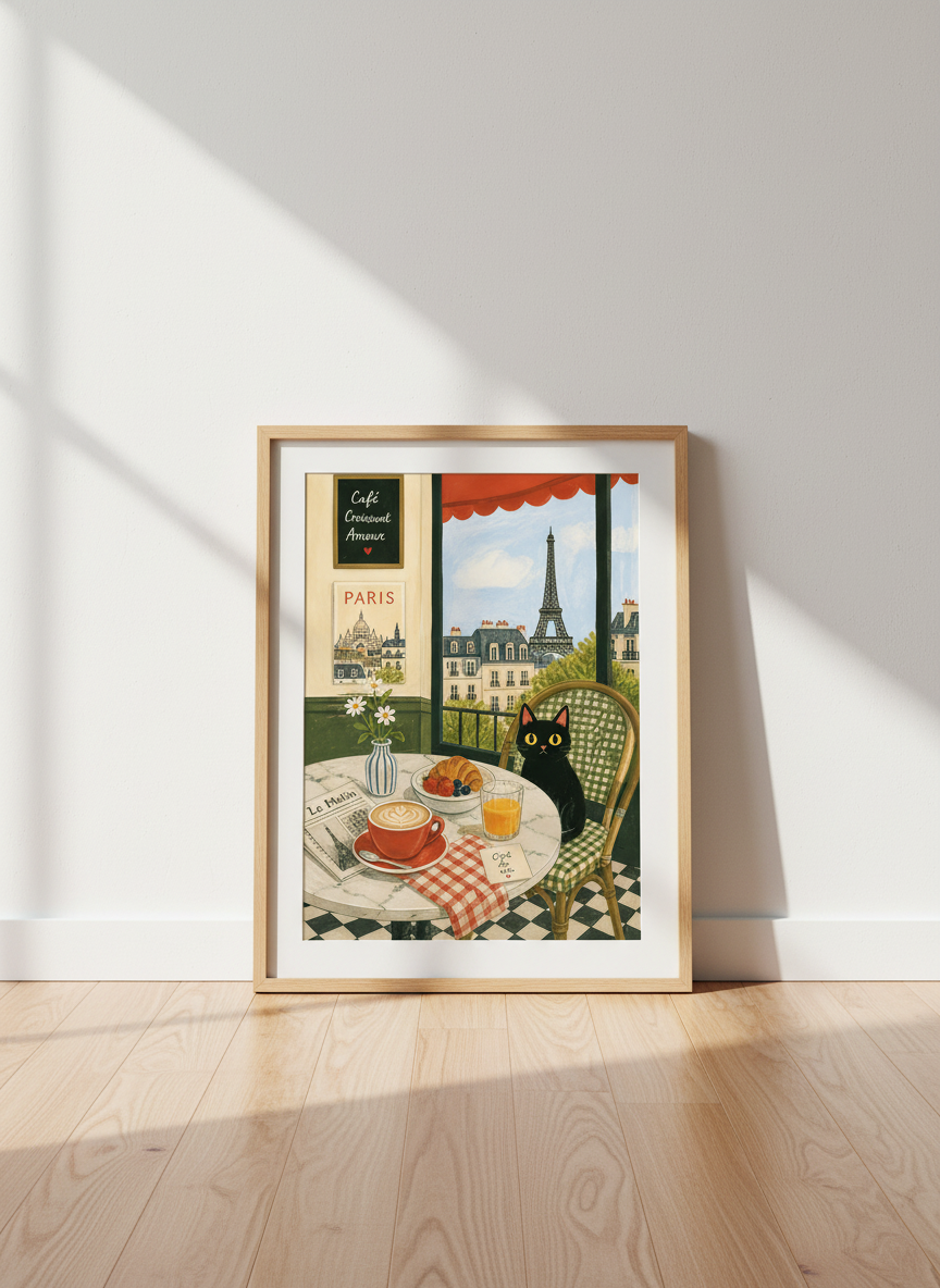 Black Cat in Paris Wall Art Print | French Cafe Kitchen Decor | Whimsical Poster