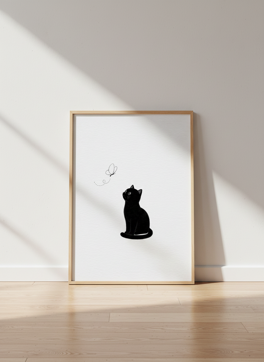 Minimalist Black Cat Wall Art Print | Boho Nursery Decor | Cute Cat Lover Poster | Framed Unframed Digital Funny Pet Art