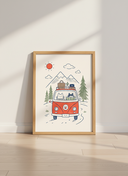 Cats Road Trip Wall Art | Cute Orange Camper Van Poster | Mountain Nursery Decor