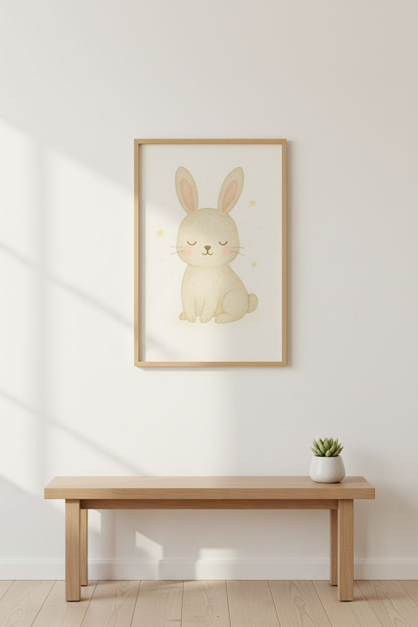 Cute Bunny Wall Art Print | Nursery Decor | Boho Kawaii Framed Poster Decor | Sleepy Rabbit Kids Room Art Ready to Hang