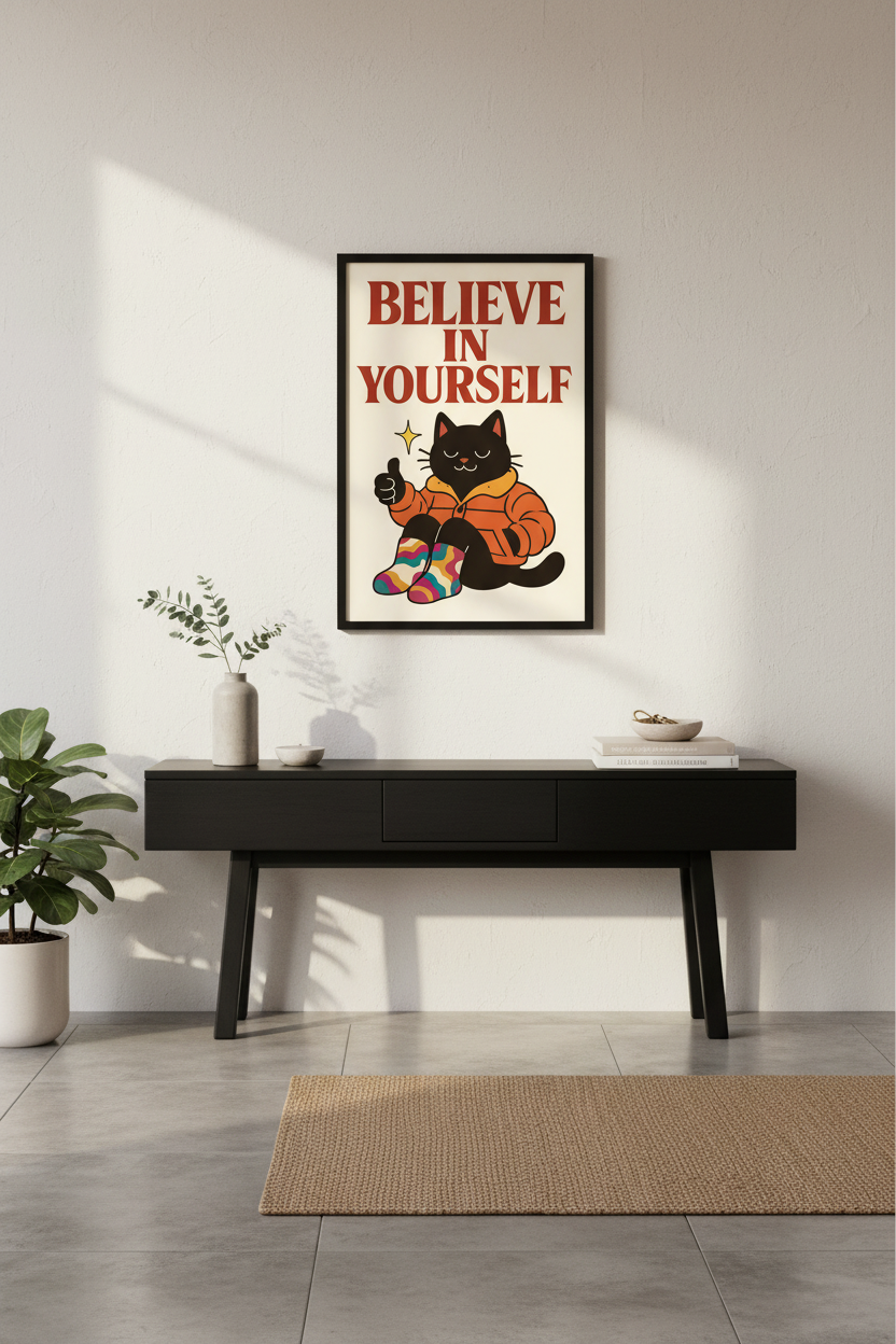 Retro Cat Motivational Wall Art Print | Believe In Yourself Poster | Mid-Century Modern Room Decor | Groovy Cat Art