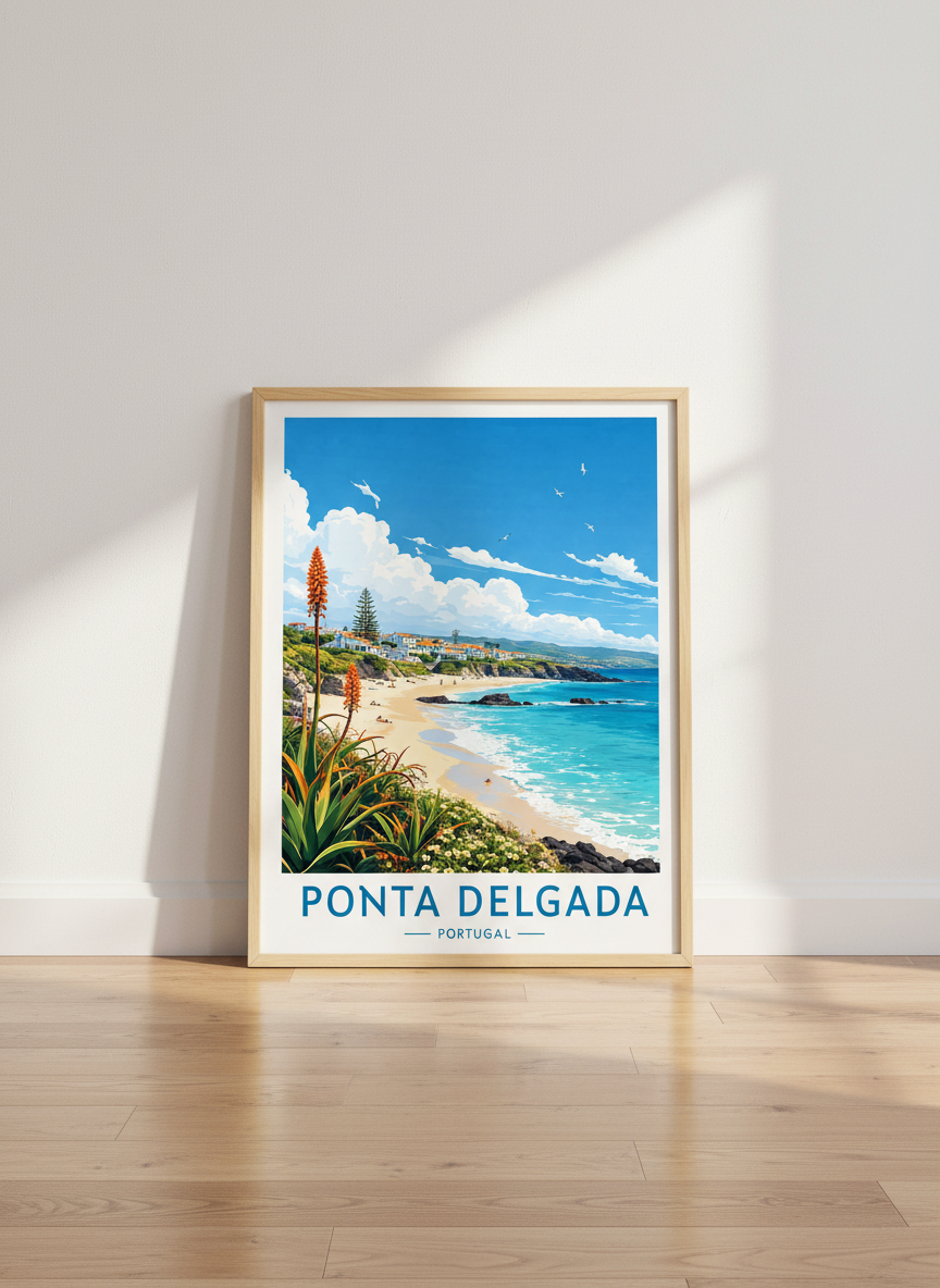 Ponta Delgada Portugal Print | Coastal Beach Travel Art, Azores Home Decor Poster