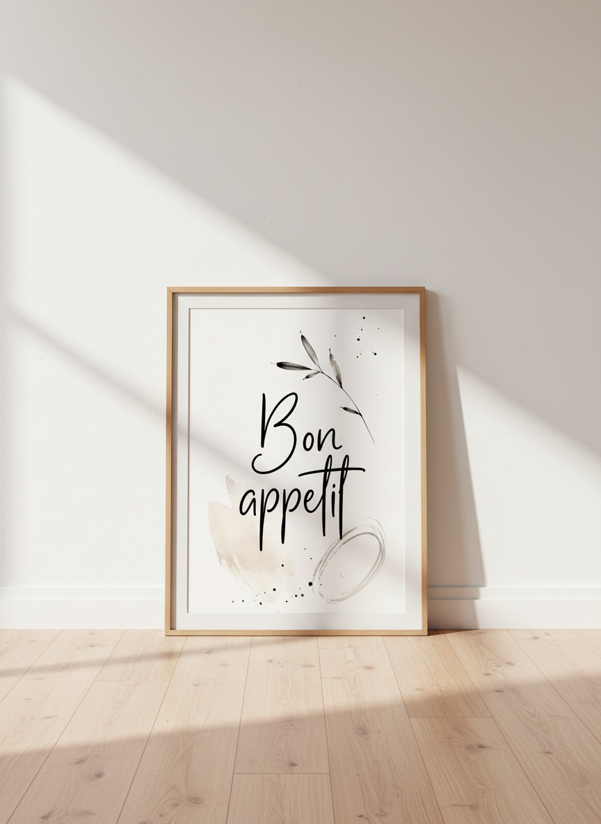 Bon Appetit Print | Kitchen Wall Decor, Dining Calligraphy Art, Neutral Foodie Gift