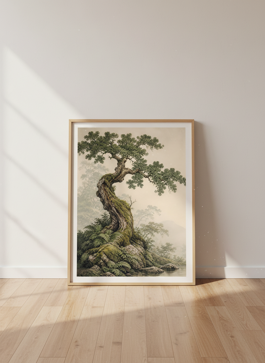 Ancient Oak Tree Wall Art | Misty Forest Landscape, Sage Green Living Room Decor