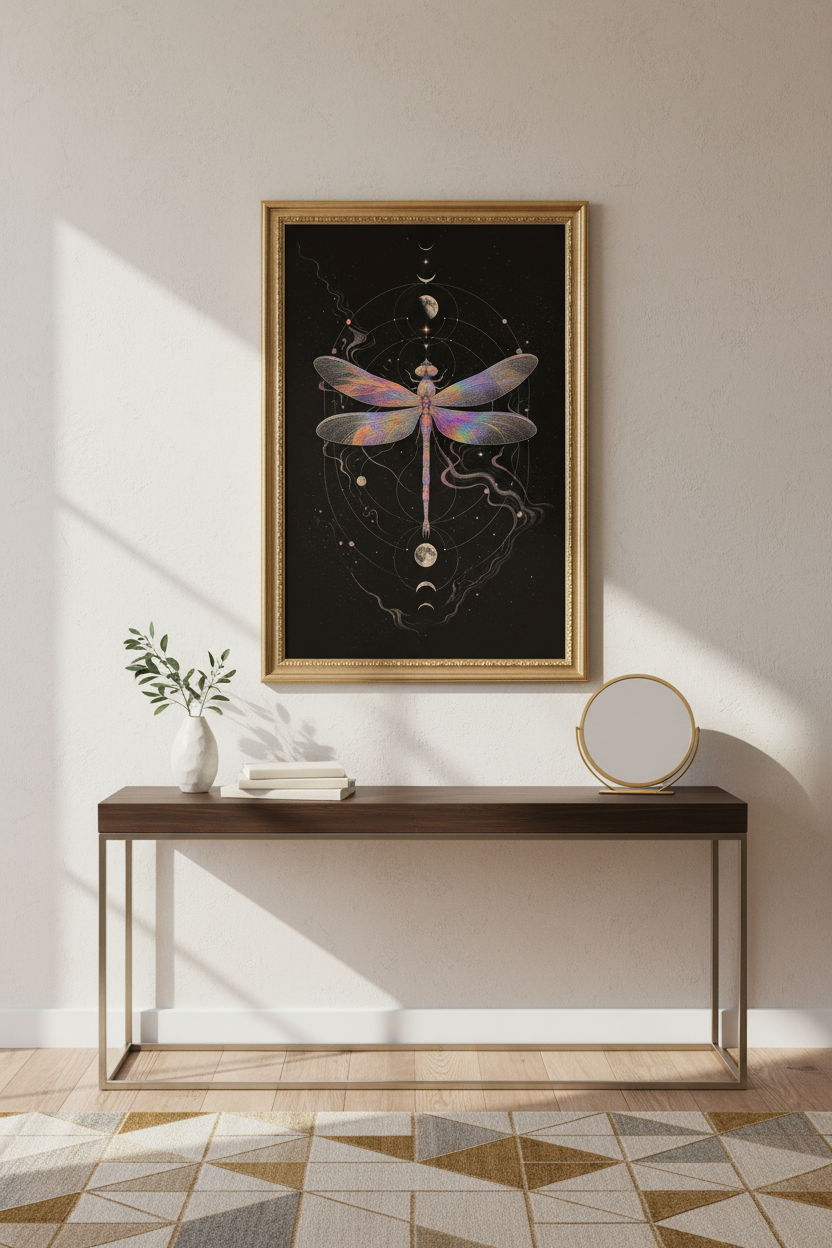 cosmic dragonfly art | iridescent celestial print, bedroom decor