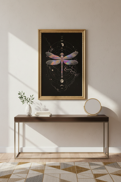 cosmic dragonfly art | iridescent celestial print, bedroom decor