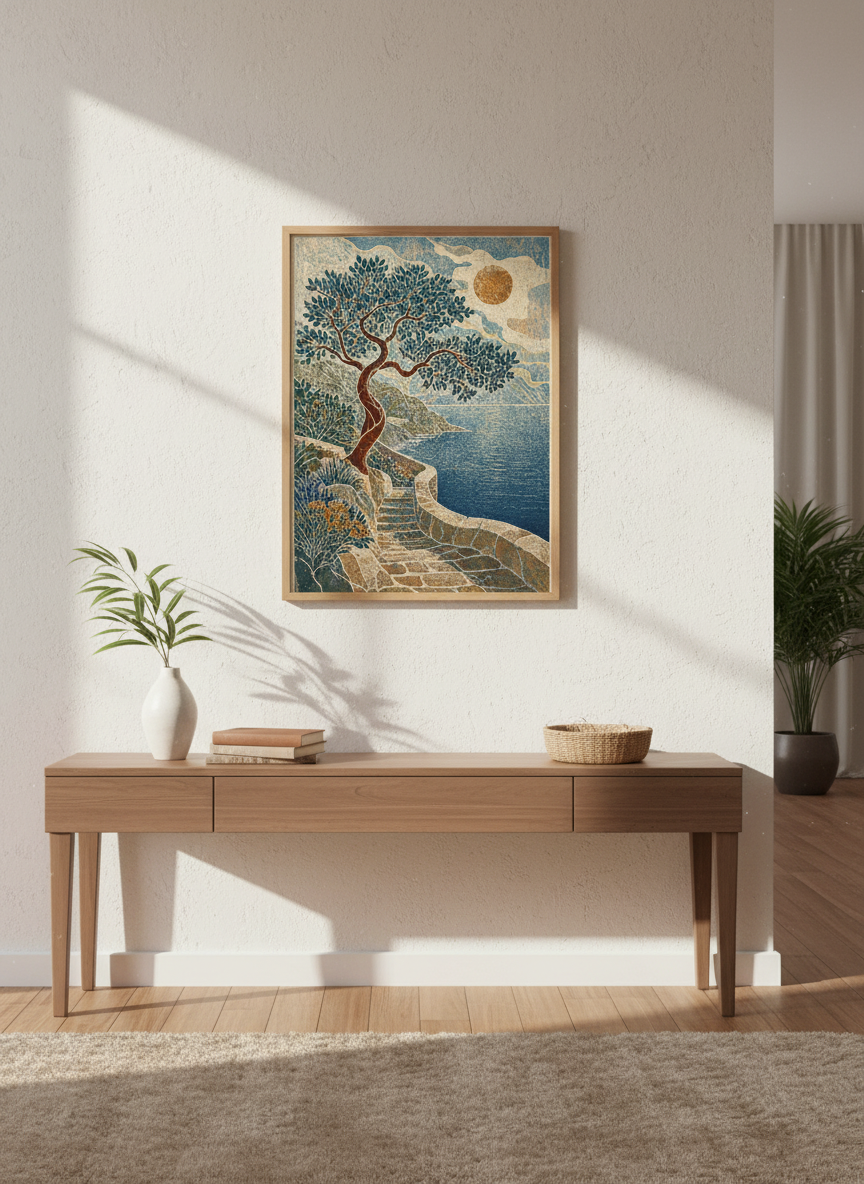 Mediterranean Tree Wall Art Print | Coastal Path Decor | Woodcut Aesthetic Poster