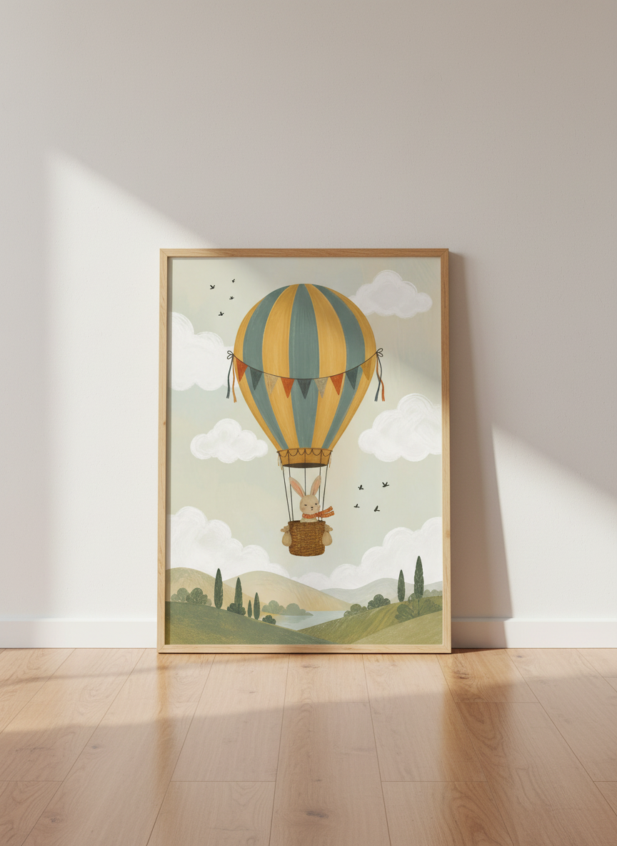 Bunny in Hot Air Balloon Art | Muted Earth Tones, Gender Neutral Nursery Decor