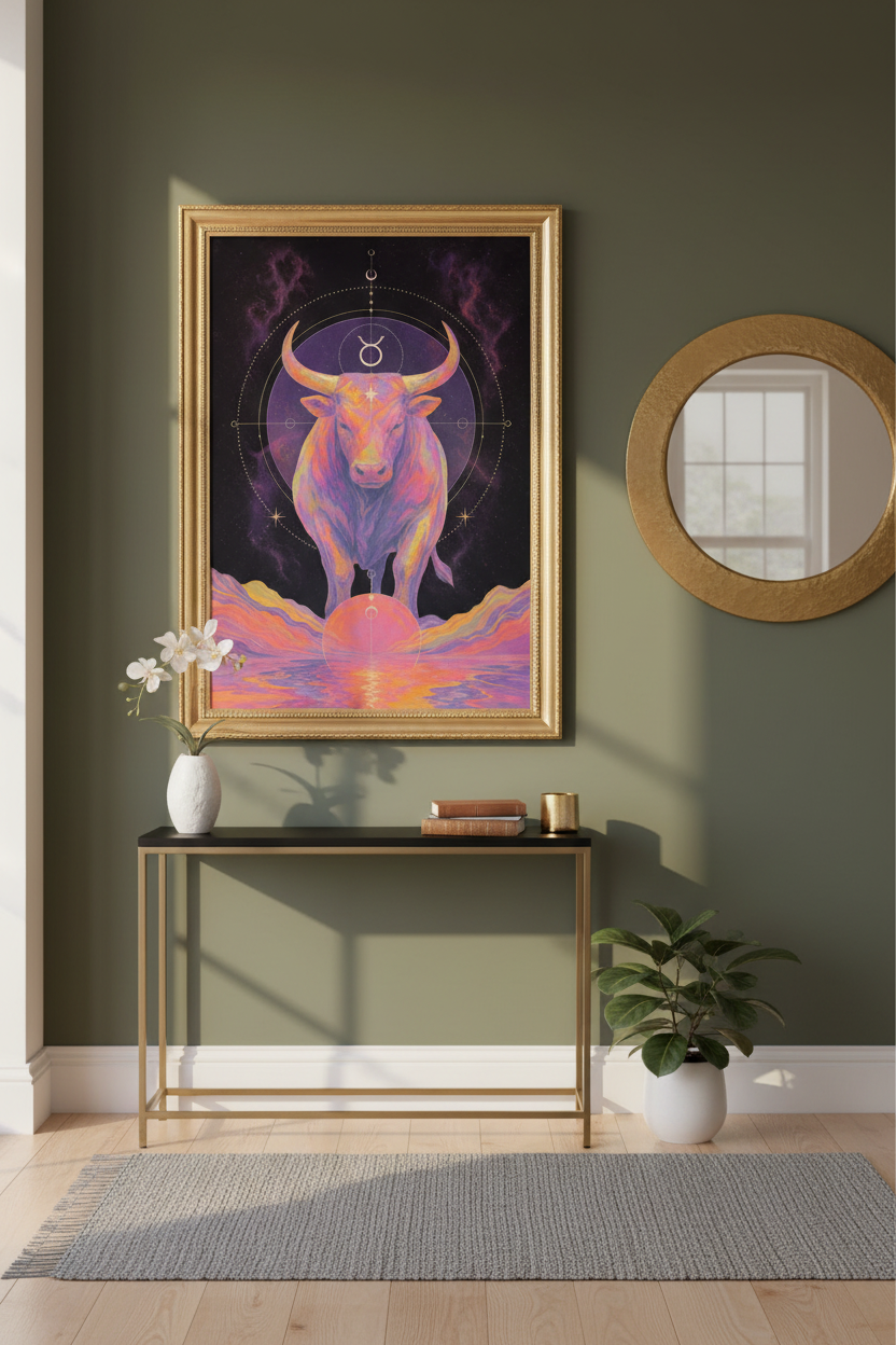 Taurus wall art | Cosmic neon boho, Bedroom decor
