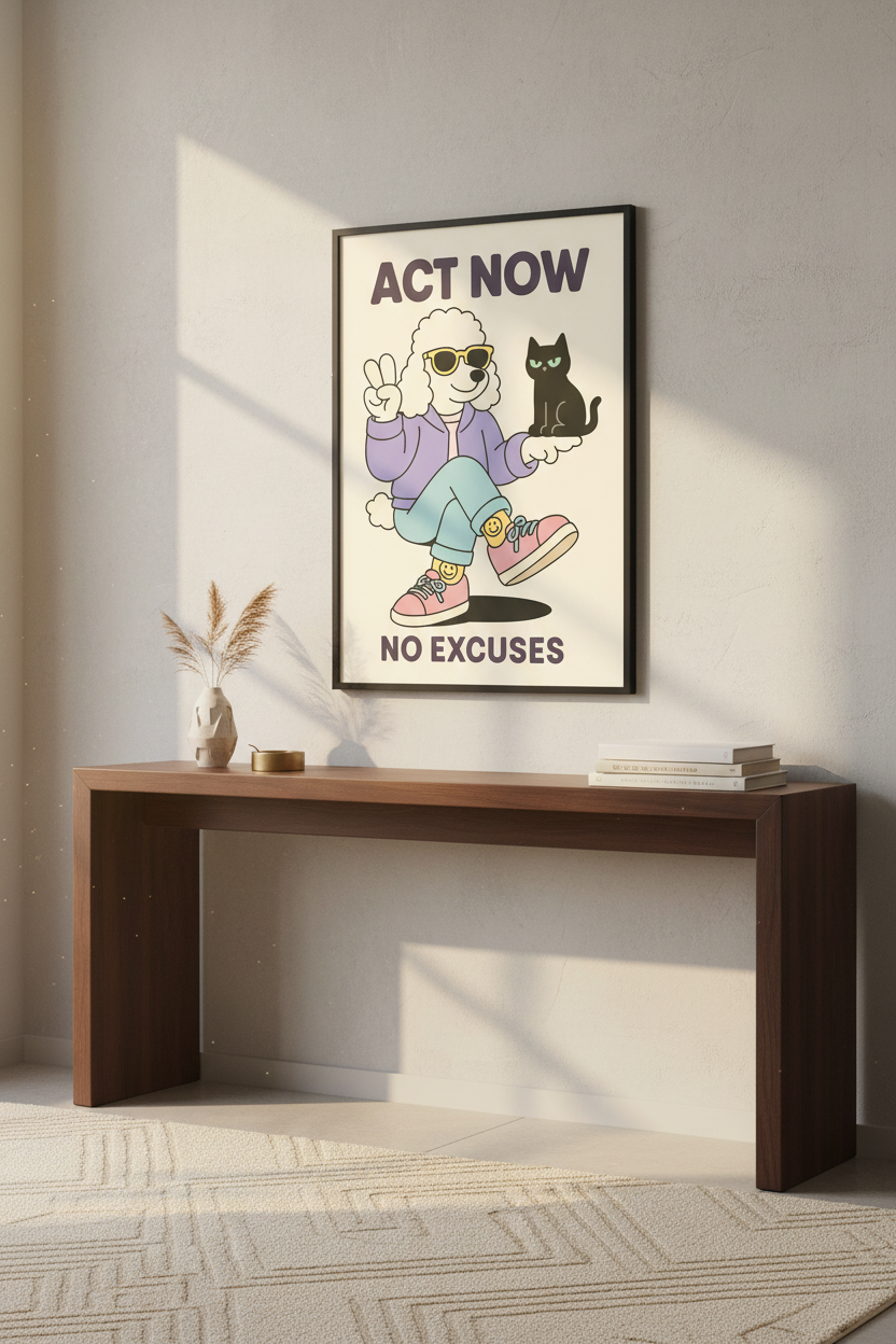 Retro Poodle Motivation Wall Art Print | Office Decor | Positive Quote Poster | Peace Sign Dog &amp; Cat Mid-Century Aesthetic