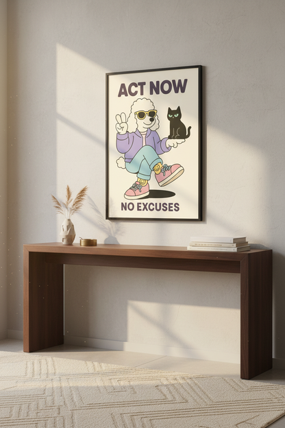 Retro Poodle Motivation Wall Art Print | Office Decor | Positive Quote Poster | Peace Sign Dog &amp; Cat Mid-Century Aesthetic