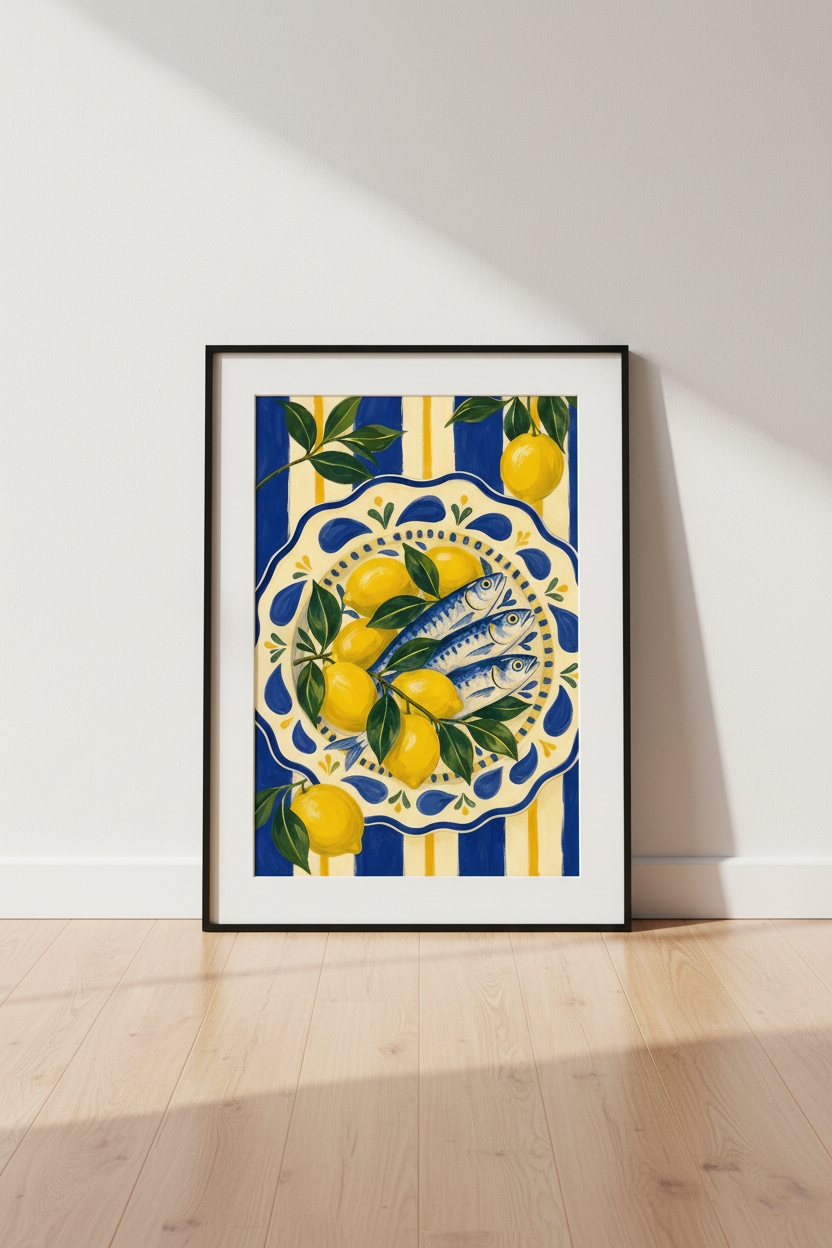 lemon wall art print | Mediterranean blue-yellow kitchen decor