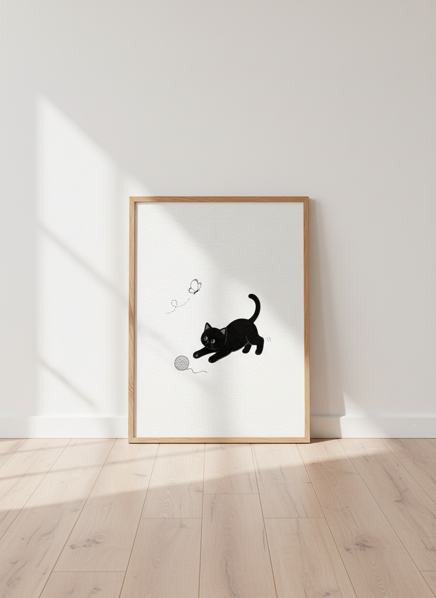 Cute Cat and Butterfly Wall Art Print | Minimalist Kids Room Decor | Pet Lover Nursery Poster | Playful Black Cat Art