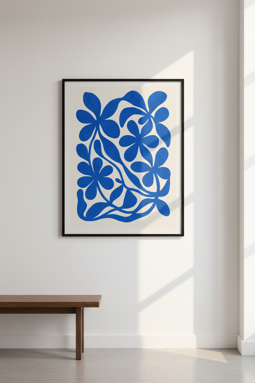 Abstract Floral Wall Art Print | Modern Blue Botanical Framed Art | Living Room Decor | Eclectic Gallery Wall Poster