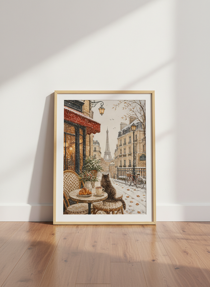 Paris Winter Cafe Wall Art | Cat &amp; Eiffel Tower Print | Cozy aesthetic Poster
