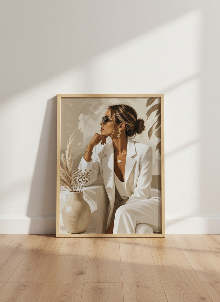 Fashionable Woman in White Suit Art Print | Neutral Beige Decor | Chic Boss Babe Poster
