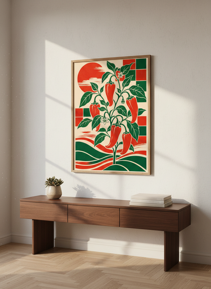 Chili Pepper Botanical Wall Art | Red &amp; Green Kitchen Decor | Retro Japanese Poster
