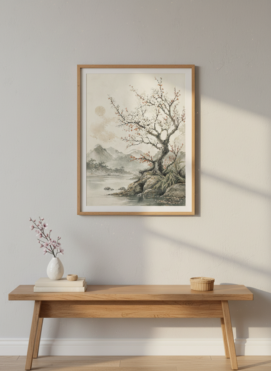 Cherry Blossom Tree Wall Art | Japanese Ink Style Landscape, Zen Living Room Decor