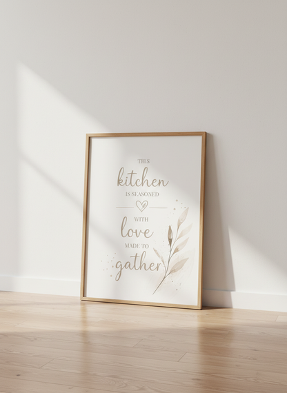 Kitchen Wall Art | Seasoned with Love Gather Quote, Rustic Farmhouse Decor