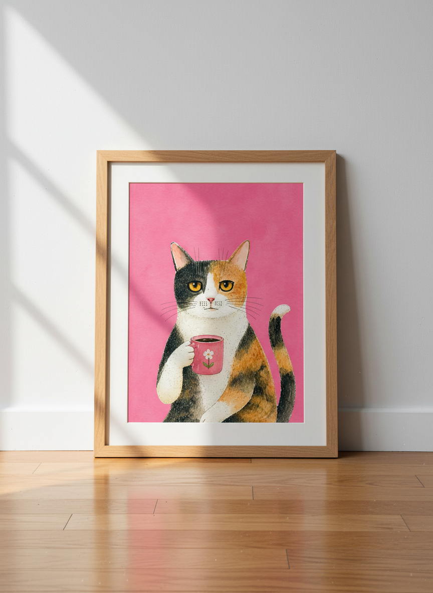 Cute Cat Coffee Watercolor Wall Art Print | Kitchen Decor | Whimsical Pet Lover Poster | Unframed Framed Digital