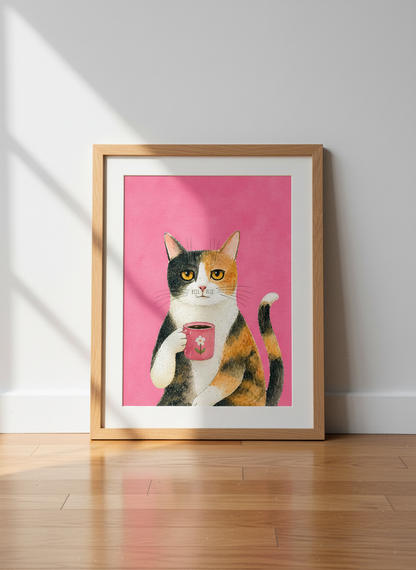Cute Cat Coffee Watercolor Wall Art Print | Kitchen Decor | Whimsical Pet Lover Poster | Unframed Framed Digital