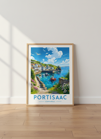 Port Isaac Cornwall Travel Poster | Coastal Village Landscape, Nautical Home Decor Art