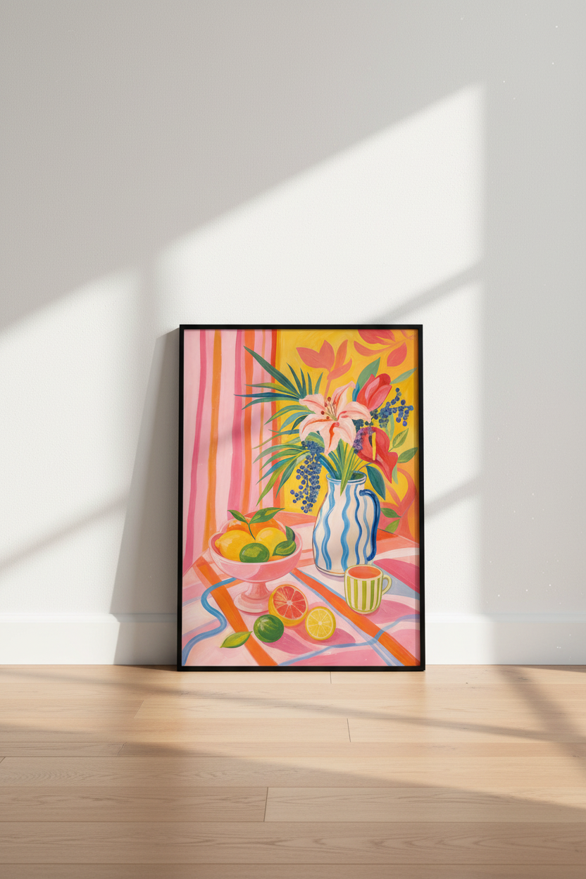 colorful still life | Painterly Pink Yellow Fruit Bouquet, Kitchen Decor