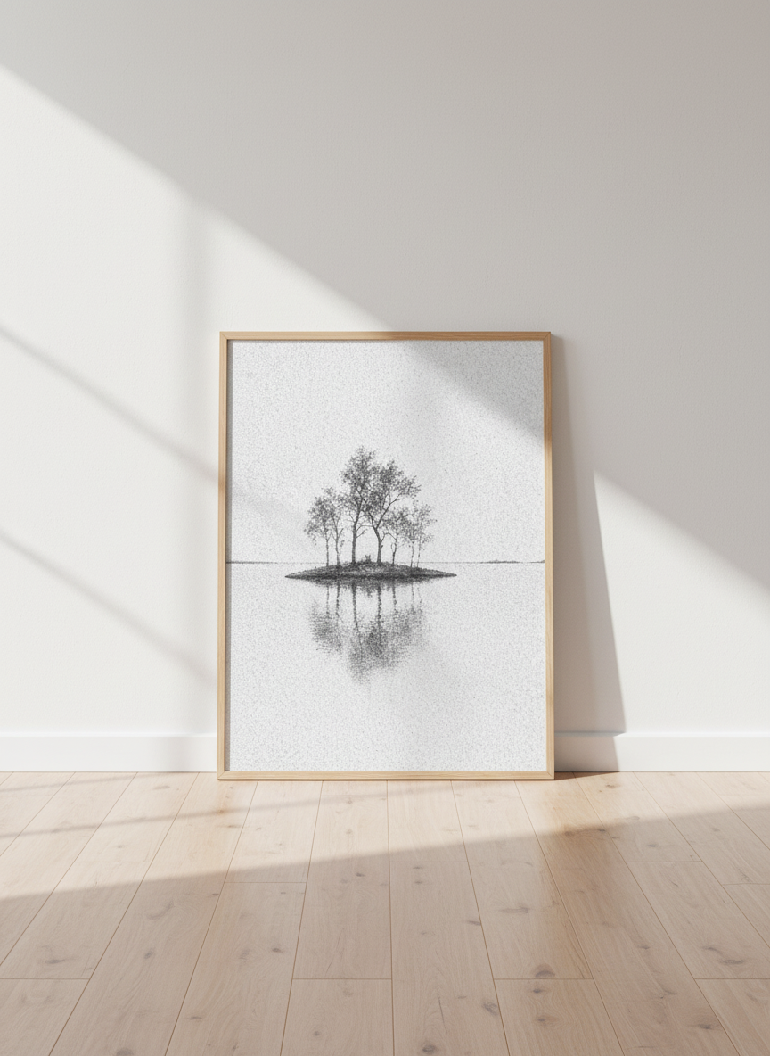 Minimalist Island Trees Lake Wall Art Print | Abstract Landscape Decor | Black White Nature Poster | Modern Living Room Art