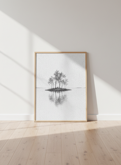 Minimalist Island Trees Lake Wall Art Print | Abstract Landscape Decor | Black White Nature Poster | Modern Living Room Art