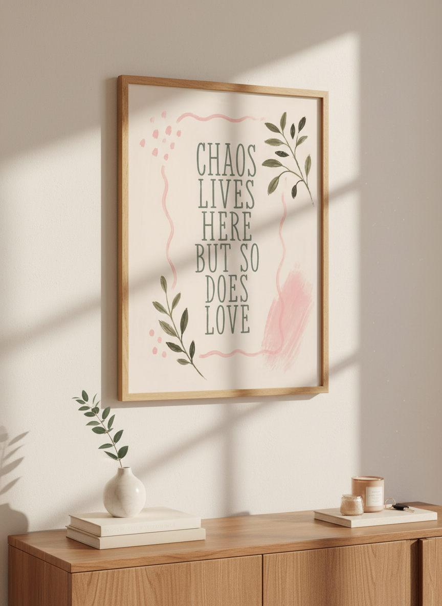 Chaos Lives Here But So Does Love Wall Art | Family Room Decor | Boho Aesthetic Poster