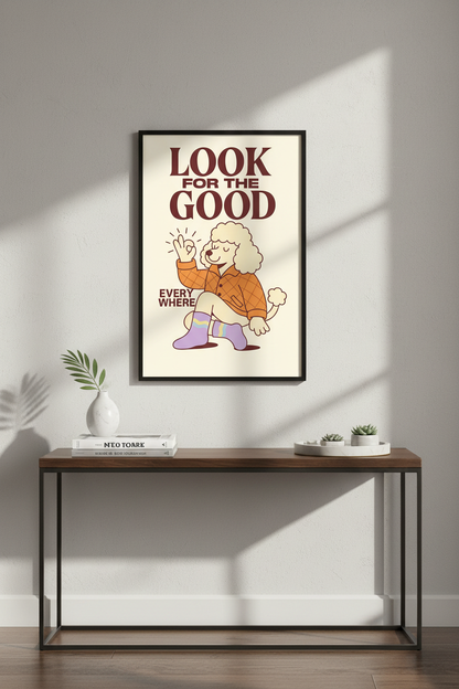 Retro Poodle Dog Wall Art Print | Positive Affirmation Decor | Mid Century Modern Nursery Poster | Look For The Good