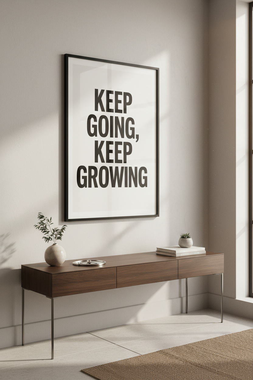Minimalist Motivational Wall Art Print | Office Living Room Decor | Inspiring Quote Poster | Keep Going Keep Growing Black &amp; White Typography