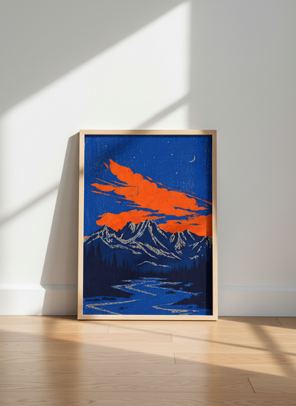 Rustic Mountains Print | Vibrant Landscape Wall Art, Indie Room Decor