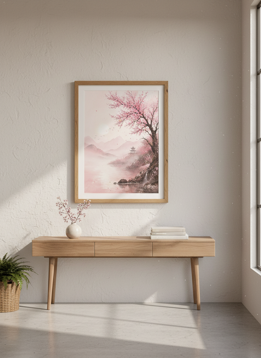 Cherry Blossom Landscape | Pink Japanese Watercolor Art, Zen Bedroom Decor