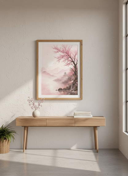 Cherry Blossom Landscape | Pink Japanese Watercolor Art, Zen Bedroom Decor
