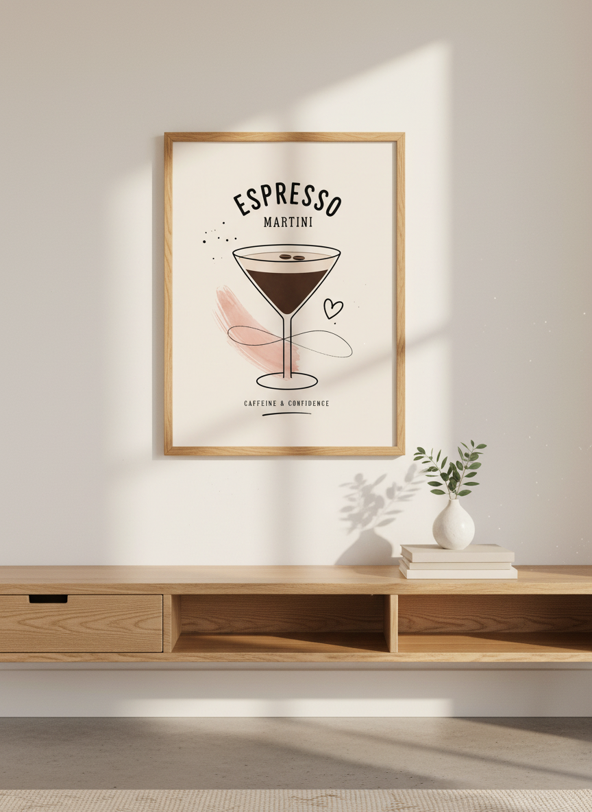 Espresso Martini|Minimalist Cocktail Illustration, Kitchen Bar Cart Decor